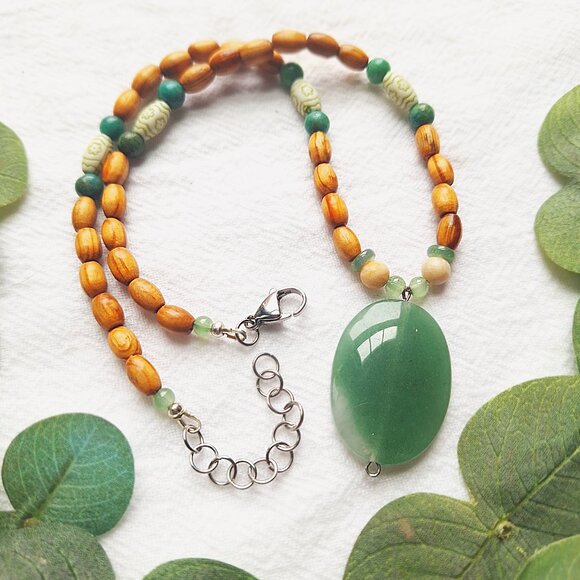 Long Stone Pendant Necklace, Bohemian Wood Beaded Necklace, Earthy & Organic - Picture 2 of 6